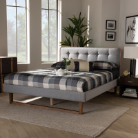Baxton Studio Sofia-Light Grey/Ash Walnut-Queen Sofia Mid-Century Modern Light Grey Fabric Upholstered and Ash Walnut Finished Wood Queen Size Platform Bed